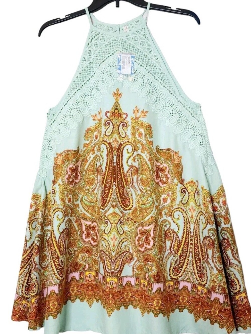 FREE PEOPLE Mint Halter Paisley Shift Dress with Crochet Yoke